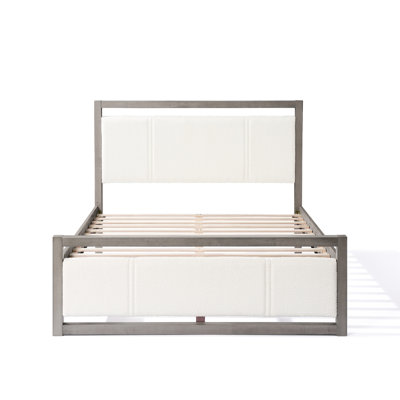 Grand lit avec structure en bois d'hévéa et tissu bouclé gris, lattes silencieuses pour un sommeil réparateur, tête de lit plateforme à long terme, bois, conception du cadre, fonction peu encombrante, fabrication rapide