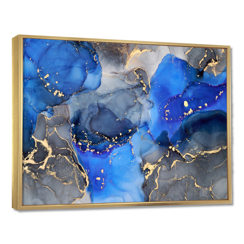 «Blue and Black Luxury Abstract Fluid Art I», reproduction d'art sur toile, H 34 po x l 44 po, Doré