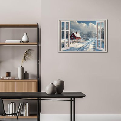 Grande toile d'hiver vue de fenêtre fenêtre enneigée, forêt, scène d'hiver, affiche murale de paysage de Noël pour salon, bureau de chambre à coucher, 28 po x 40 po