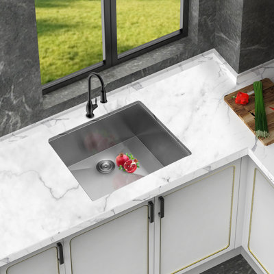 23" X 18" 9" Stainless Steel Undermount Single Bowl Kitchen Sink, 16 Gauge, With Drain Assembly, X - Shaped Water Flow, And Noise Pad Gauge Steel, Drain, Guide, Suppression