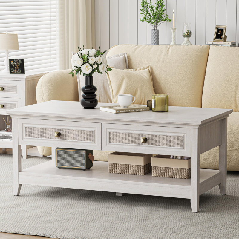 Coffee Table with Natural Rattan Decoration, Grayish White