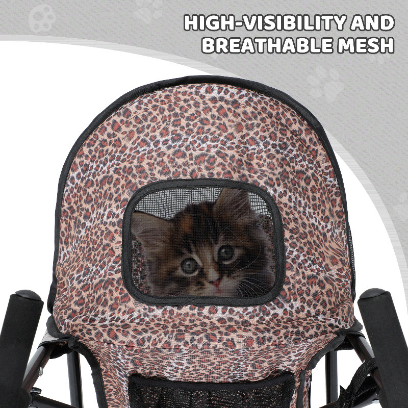 Leopard Print Steel Frame Dog Stroller with Mesh Windows