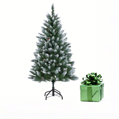 4.5ft Flocked Artificial Christmas Tree with LED Lights, Pine Cones, and Dense Realistic Branches – Prelit Xmas Tree with Metal Stand for Home, Office, Holiday Decor