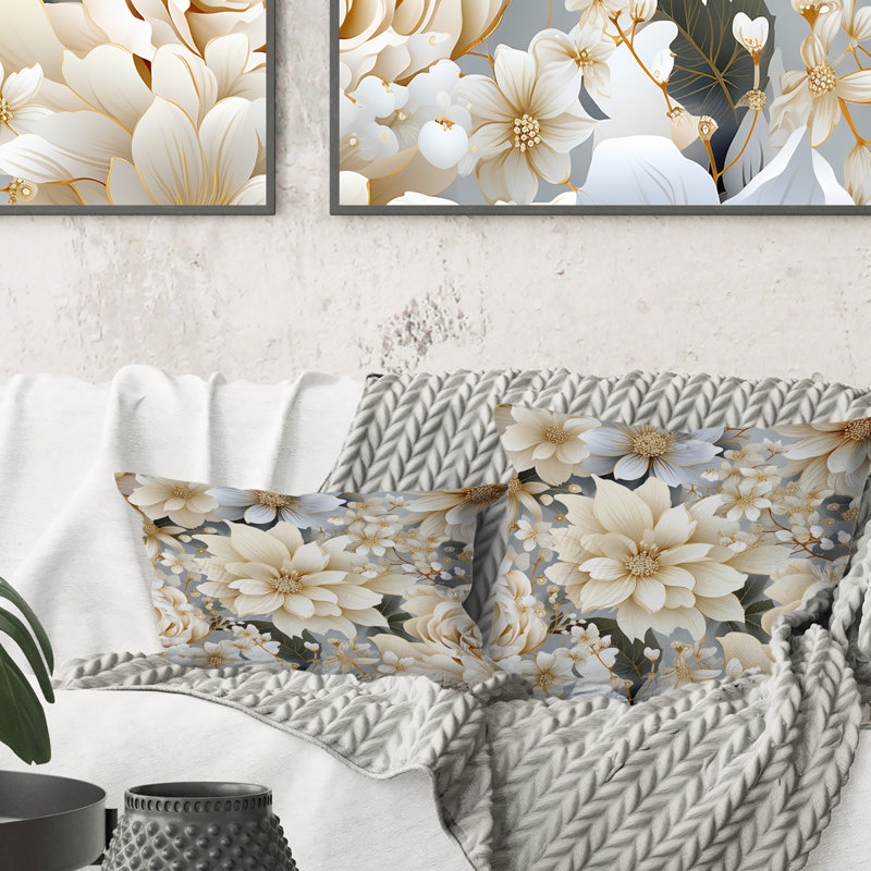 Coussin décoratif blanc à motif floral bohème et mandalas III, H 18 po x l 18 po