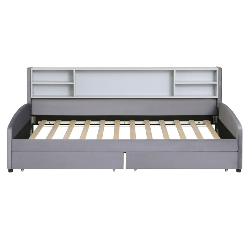 Structure de lit avec rangement à 2 tiroirs et tablette, Gris