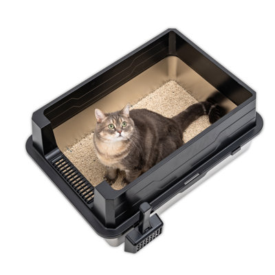 Bac à litière pour chat en acier inoxydable XXL avec côté haut, conception étanche, idéal pour les grands chats et la famille multi-chats, avec pelle