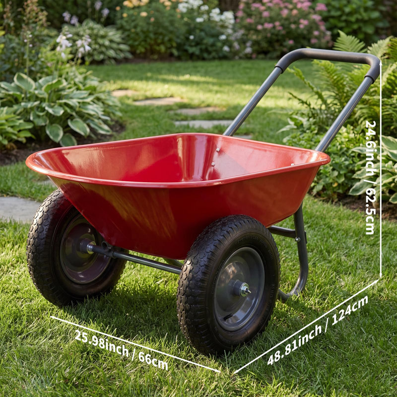 Heavy-Duty Garden Wheelbarrow Cart with Built-in Stand – Dual Wheel Utility Yard Trolley for Home and Garden Tasks – Sturdy, Versatile – Red, Dual Wheels