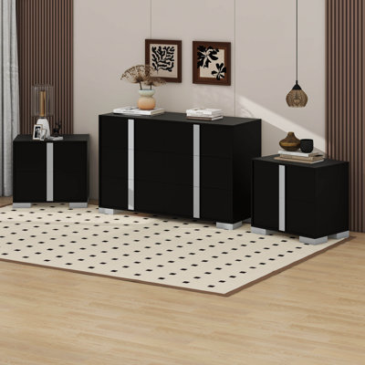 Ensembles d'armoire 3 pièces, commode élégante à 6 tiroirs et 2 tables de chevet, armoire de rangement et table de chevet avec poignées en métal