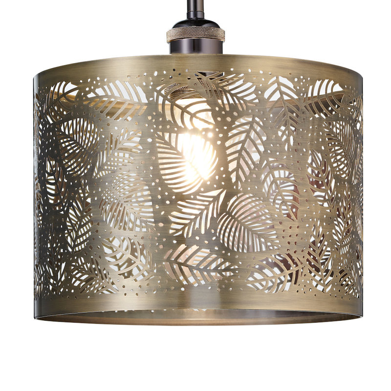 Contemporary Pendant Light Shade with Fern Leaf Decoration, Antique Brass