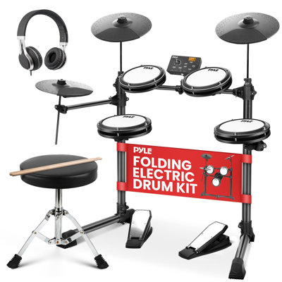 Pyle Electronic Drum Set With 4 Quiet Mesh Pads, 180 Sound Styles, 3 Cymbals, 2 Pedals, Throne, Headphones, Sticks, AUX, USB MIDI, Electric Drum Kit F