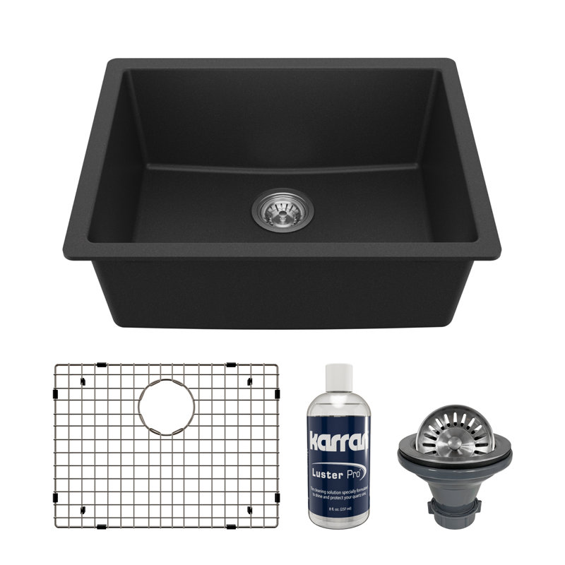 Karran Quartz 24-3/8'' X 19-1/8'' Single Bowl Undermount Kitchen Sink Kit, Black