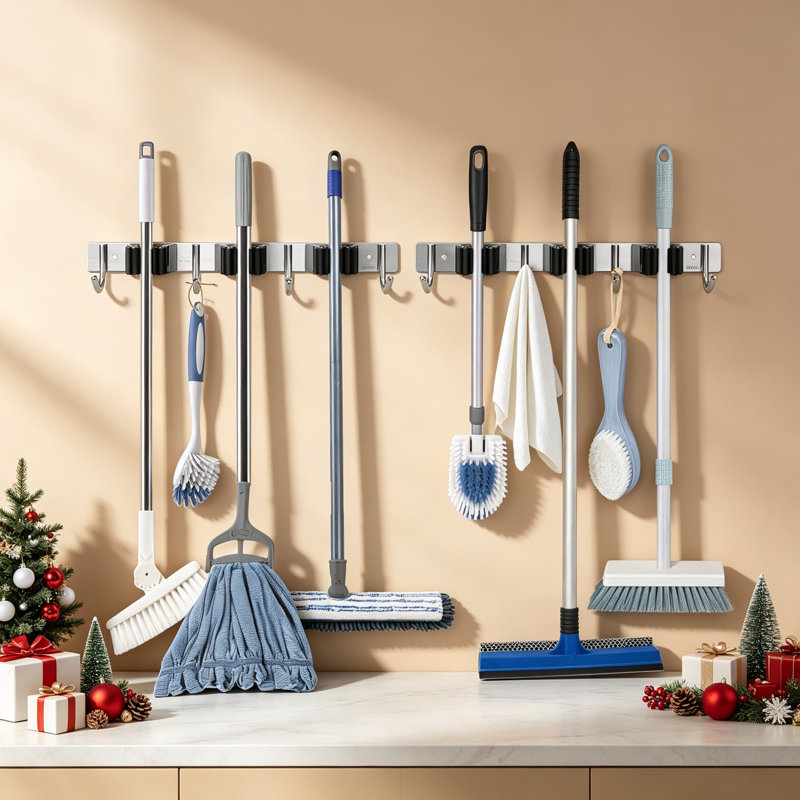 Support mural robuste pour porte-balai, ensemble de 2 vadrouilles en acier inoxydable et organisateur de balai pour le garage, la cuisine, la salle de lavage, le placard - rangement compact avec 2 options d'installation
