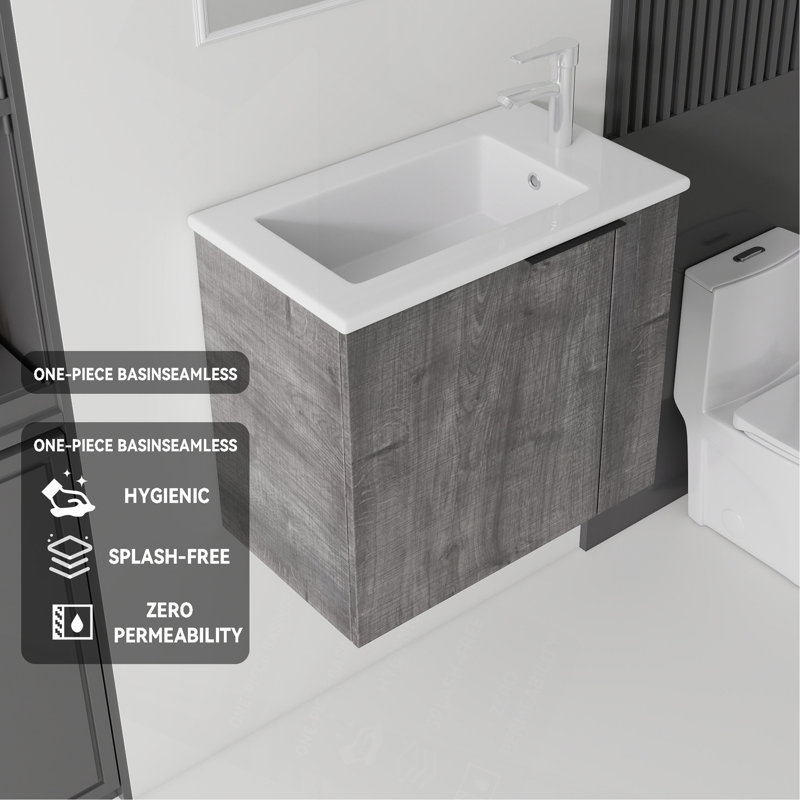 Meuble-lavabo suspendu de 56 cm (22 po), armoire murale en contreplaqué avec lavabo en céramique et portes à fermeture en douceur pour petites salles de bain
