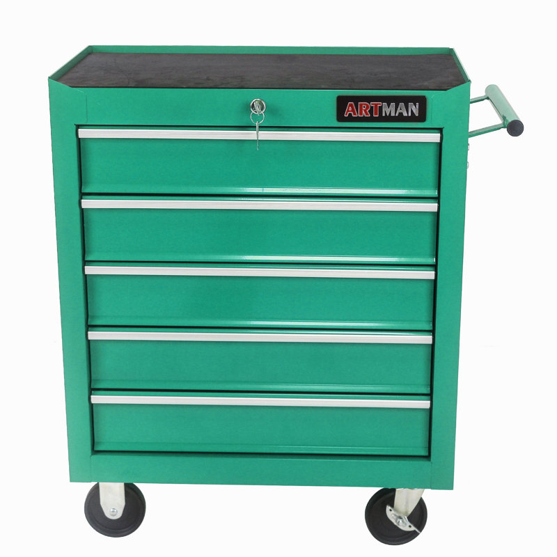 Coffre à outils à 5 tiroirs, armoire de rangement pour outils pour le garage avec 4 roues et système de verrouillage, Vert