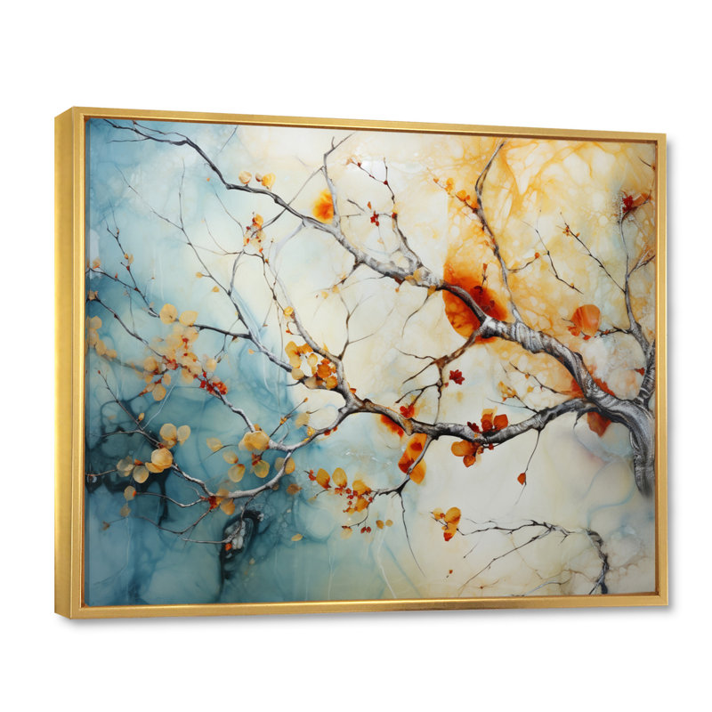 Orange, bleu sarcelle, érable brillant, agate I - arbre érable, art mural, H 34 po x l 44 po x P 1,5 po, Cadre flottant doré
