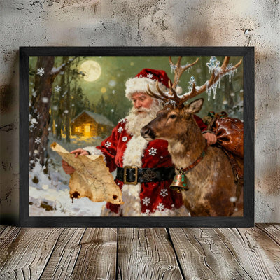 Art mural rétro noir avec père Noël et renne - impression encadrée de scène de Noël enneigée