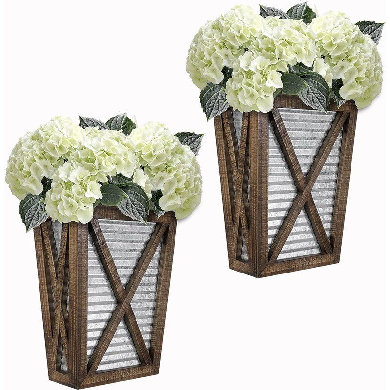 Autumn Alley Large Wall Planter Set - White and Galvanized Metal, Brown