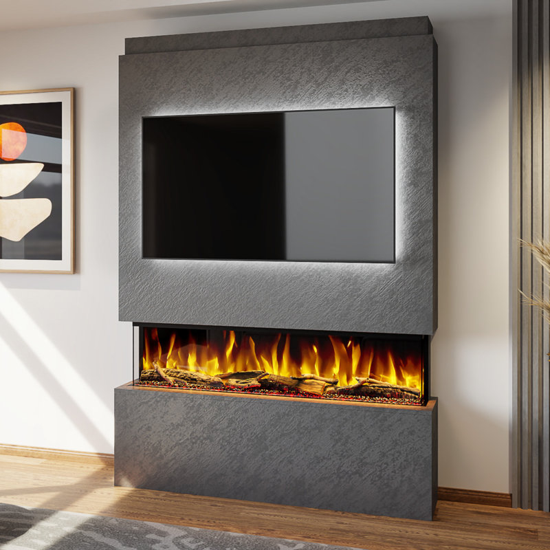 Evolution Fires Pre-Built Media Wall Package 19, finished in textured Venetian Plaster, includes Spectrum Series 50 Series 3-Sided Electric Fireplace