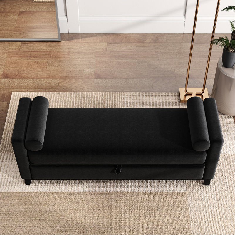 Banc de rangement noir de 66 pouces avec pieds en bois massif et 2 traversins, parfait pour le bout du lit, la chambre à coucher ou le salon, avec entrée en tissu respirant cannelé, pieds équipés, caché