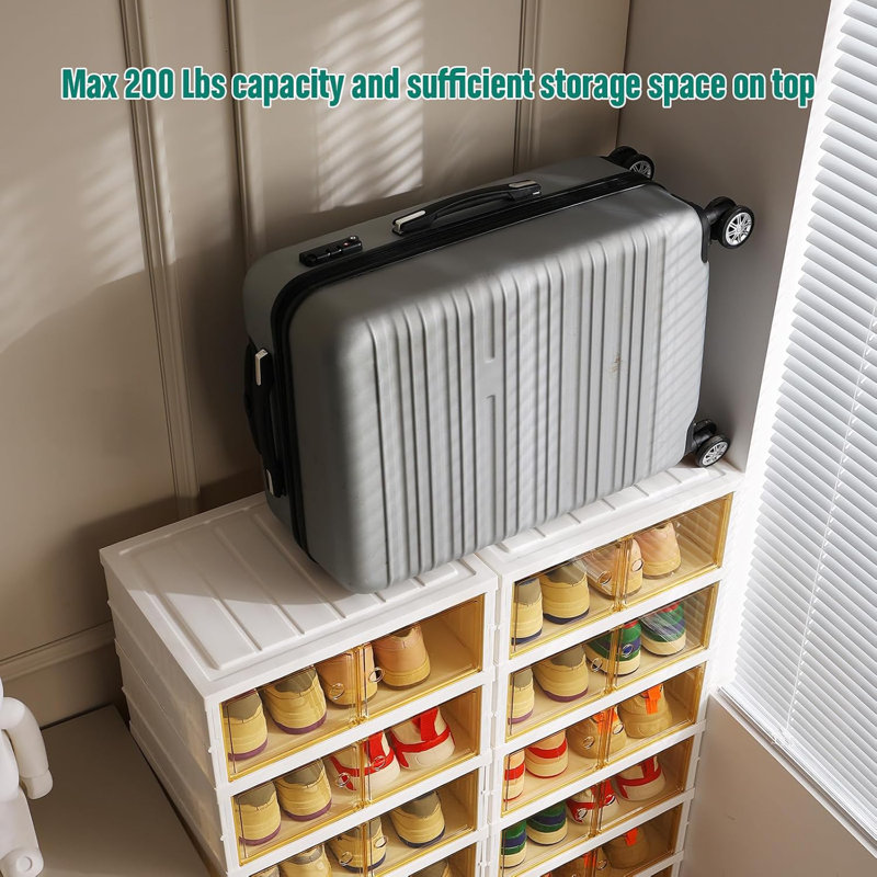 8-Tier Foldable Shoe Rack Organizer With Clear Plastic Storage Boxes, Collapsible Design For Closet, Stackable Shoe Cabinet With Lids And Doors, Holds Up To 32 Pairs
