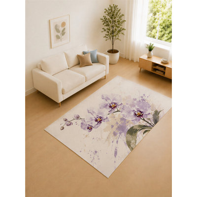 Tapis ultra-léger 152 x 213 cm (5 pi x 7 pi) à motifs orchidées lavande et ivoire, idéal pour le salon. Moquette douce à poils courts avec envers antidérapant en silicone, parfaite pour la chambre à coucher et le bureau.