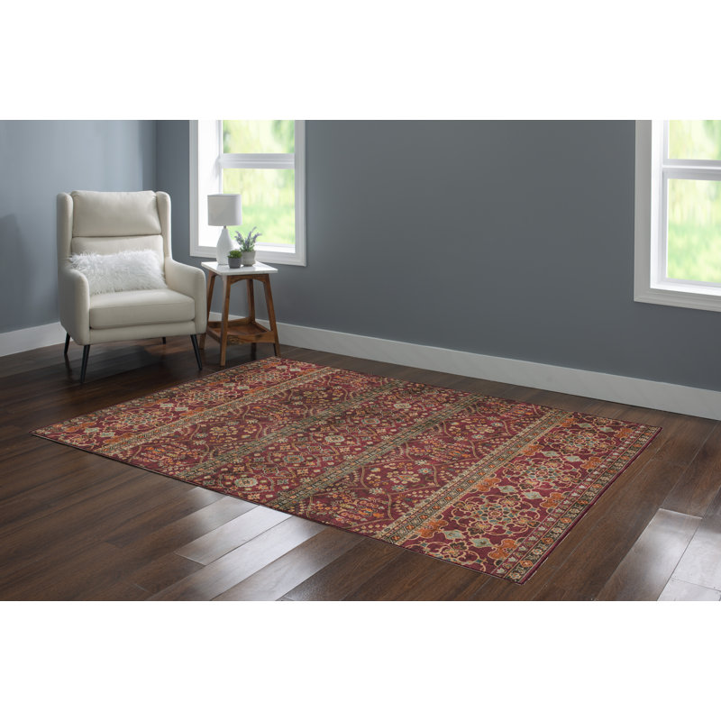 Tapis grenat lavable et ivoire tissé à la machine Ducote, Rectangle 5 pi x 7 pi