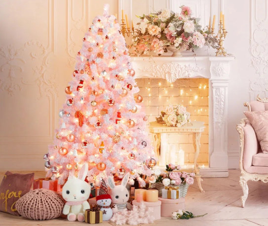 pink christmas tree with gold ornaments