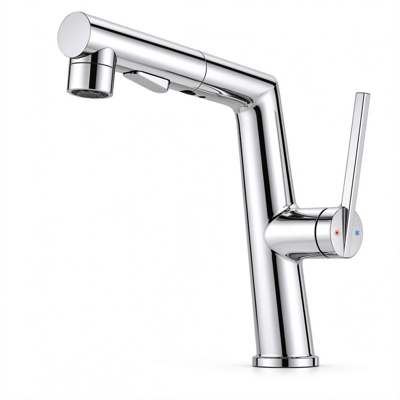 Pull Out Round Bathroom Tap, Solid Brass Waterway, Side Handle, Dual Spray, Chrome