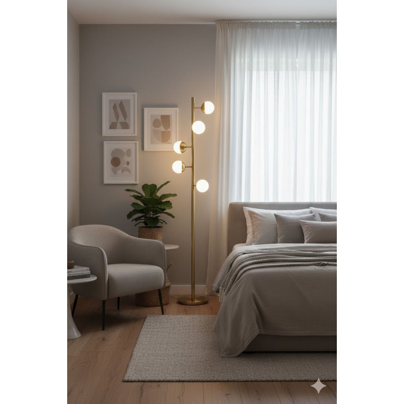 Lampe sur pied 4 lumières en laiton plaqué or avec abat-jour sphérique