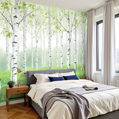 Papier peint adhésif moderne, bouleau, forêt, aquarelle, feuilles vertes douces, feuilles de brume, papier peint mural amovible en PVC, H 100 po x l 144 po, pour le salon de la chambre à coucher