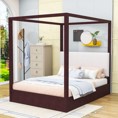 Wooden Canopy Bed with Upholstered Headboard and Slats