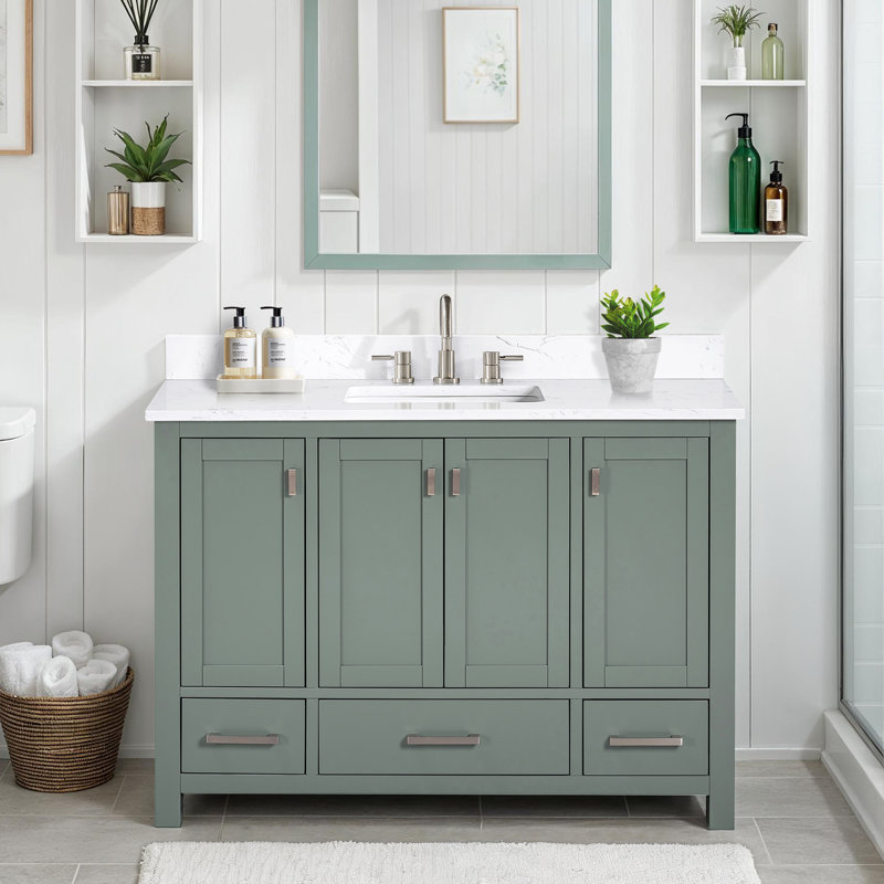 Meuble-lavabo simple 48 po avec plateau Souther, Marbre blanc de Cala, Nickel brossé, Vert fumée