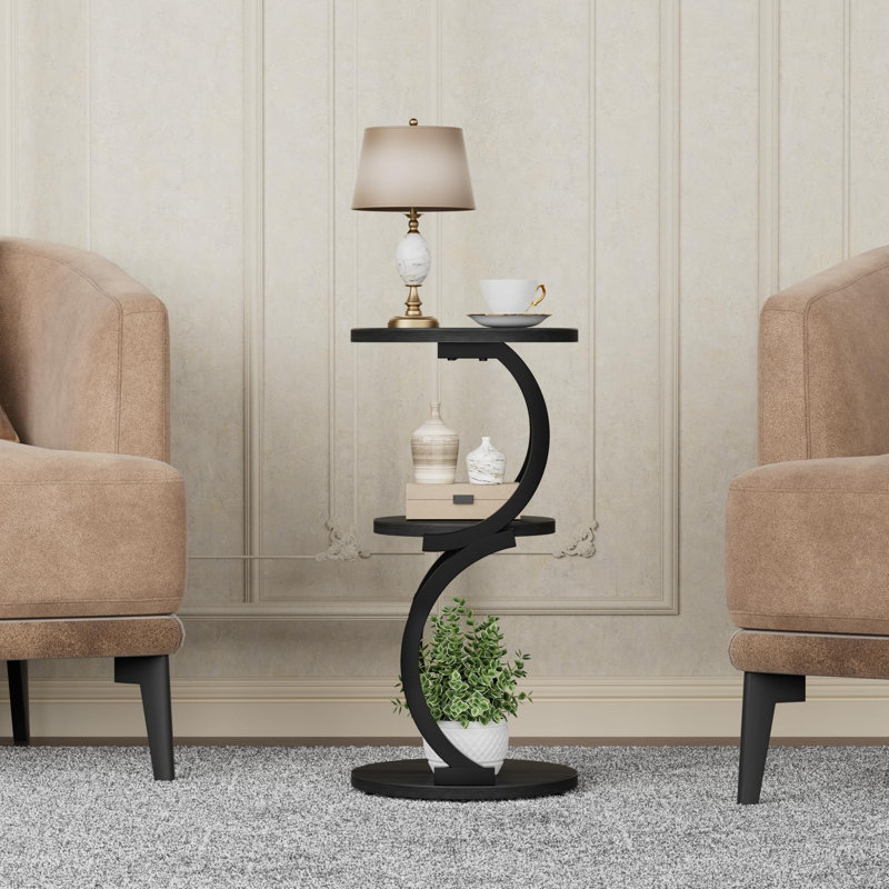 Table d'appoint ronde à 3 niveaux en forme de S, table d'angle en bois et en métal pour petits espaces, Noir, Noir, Noir