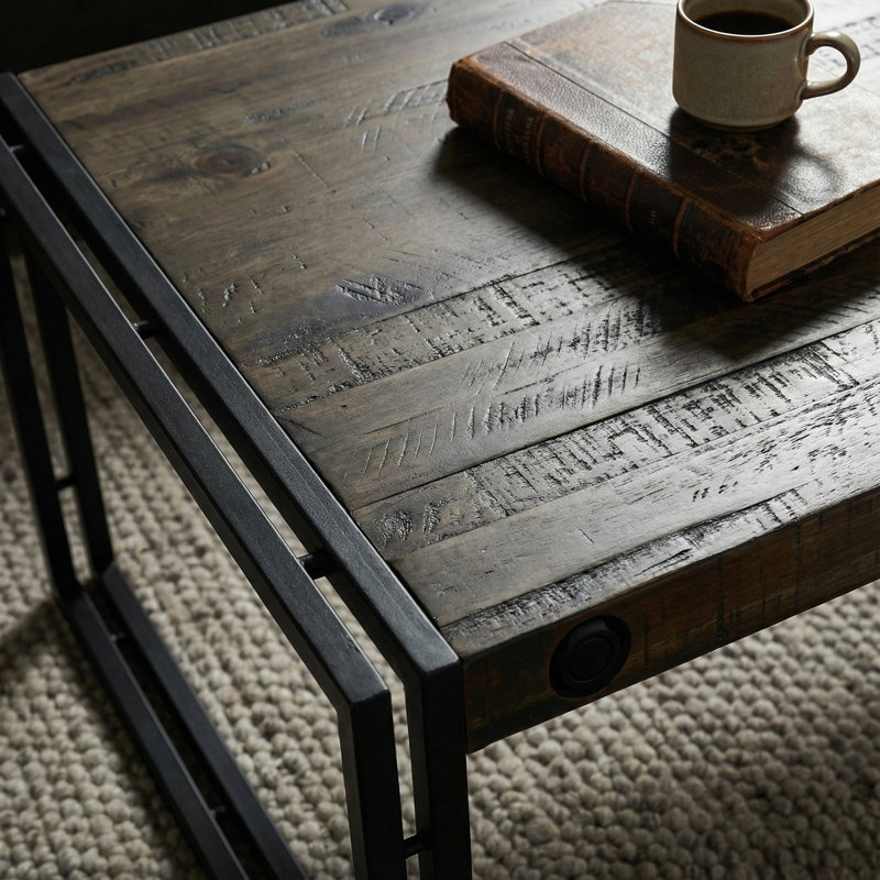Penni Coffee Table, Solid Wood with Black Metal Frame, Dark Grey