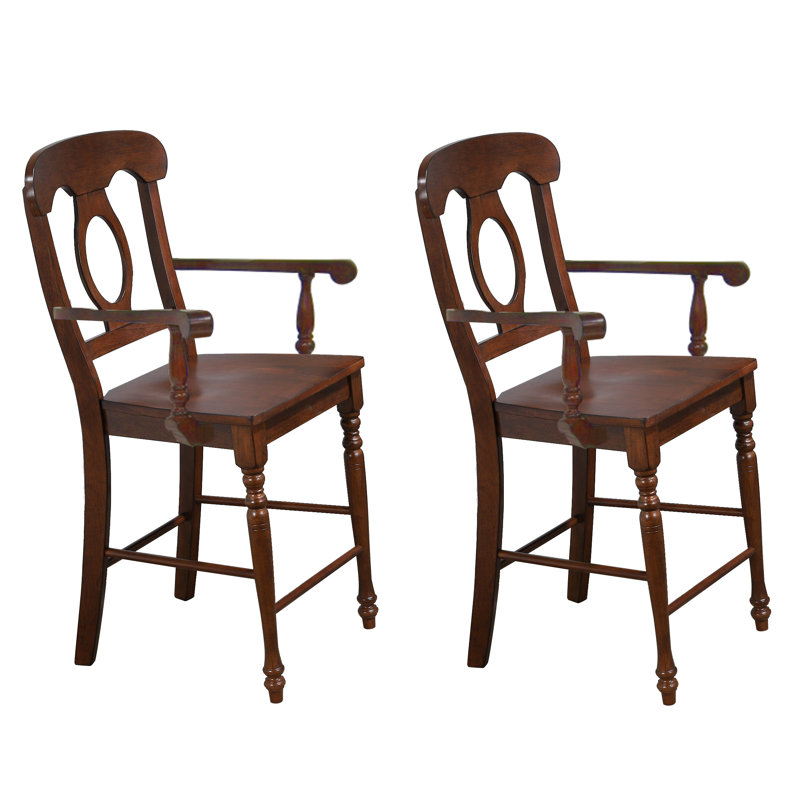 Littoral Solid Wood Counter Height Stool with Arms, Napoleon Back - Chestnut, Chestnut