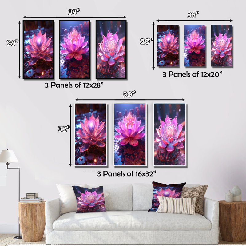 «Radiant Pink Blossoming Lotus Luminescent», 3 pièces sur toile, H 28 po x l 36 po, Cadre flottant doré
