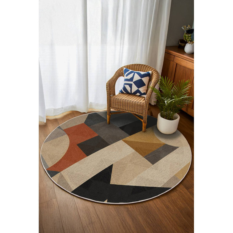 Gustin Collection Digital Print Cotton-Polyester Brown Multicolor Geometric Rug, Round 5'3"