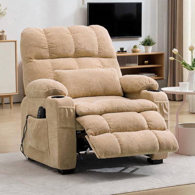 Très grand fauteuil inclinable électrique massant et chauffant, port USB et coussin lombaire de 25,6 po de large, kaki