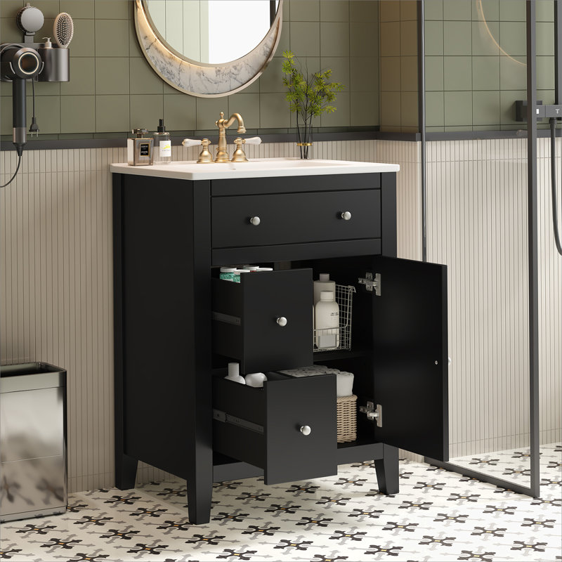 Meuble-lavabo moderne 24 po avec lavabo en céramique, meuble-lavabo pour salle de bain à 2 tiroirs, Noir