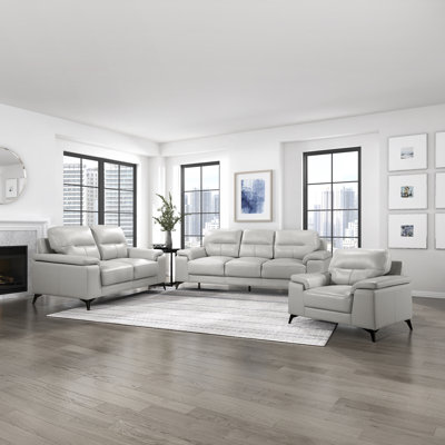 Dontario Modern & Contemporary Top Grain Leather 3-Piece Living Room Set with High-Density Foam, Exposed Metal Feet & Premium Seating Surfaces by Brayden Studio