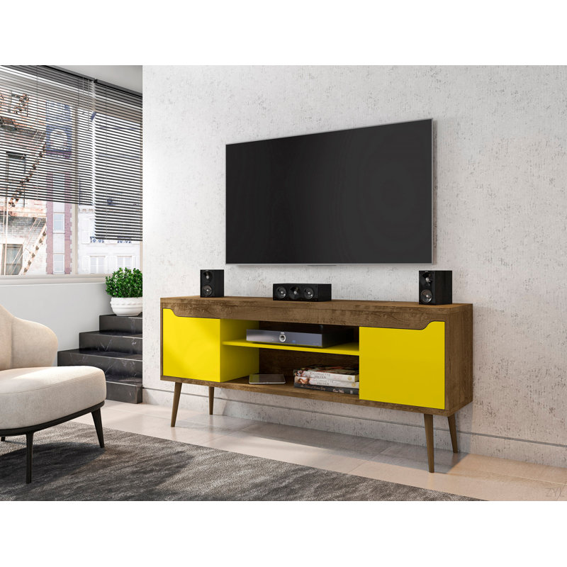 63" Elegant TV Stand With Retro Legs & Versatile Design, Brown/Yellow