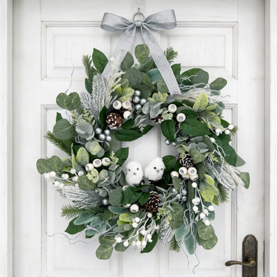 Couronne de Noël d'hiver de 61 cm avec hibou blanc, eucalyptus et pin givré, décoration artificielle pour porte d'entrée intérieure et extérieure