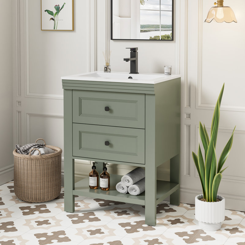 Daum Sharee 24" Single Bathroom Vanity With Ceramic Sink Top, 2 Smooth Drawers, Faucet, Green