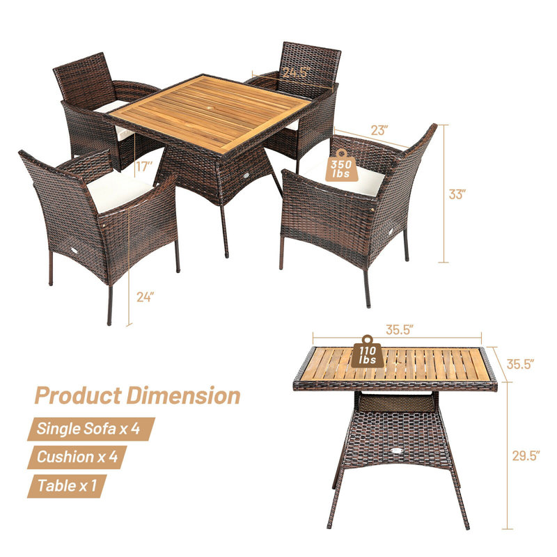 Akyrie 4 - Person Acacia Wicker Patio Dining Set with Square Table , Cushions Included