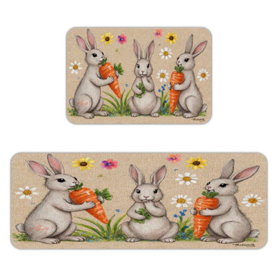 White Bunnies with Carrots, Kitchen Mats Set of 2