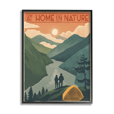 At Home In Nature Phrase Camping Tent Mountains Oversized Black Framed Giclee Texturized Art by Janelle Penner