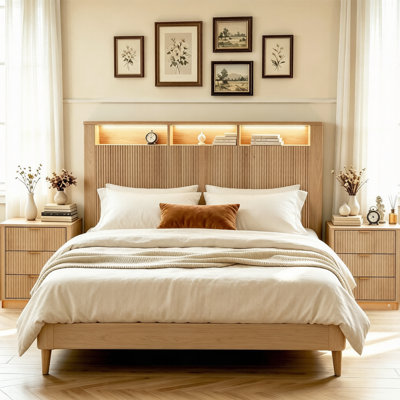 Fluted Design Queen Size Headboard, with Bookcase Storage  , LED Lights, Charging Station