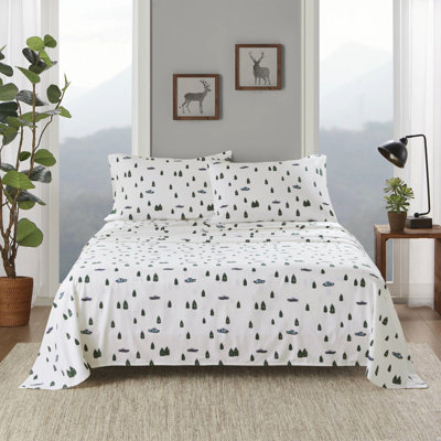3 Pcs Twin Sheet With Trees & Trucks Pattern 100% Cotton Flannel Twin/Full Fitted Fits 12" Mattress Queen/King/ King 14" Depth Comes 1 Flat 2 Pillowcases Soft Velvet Texture Machine Washable - Design
