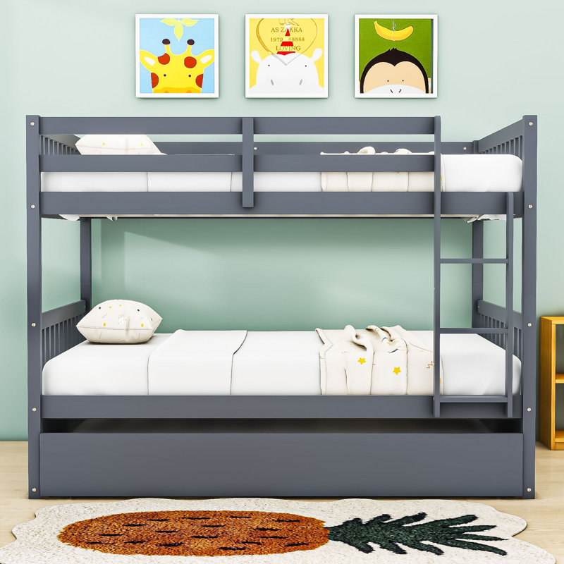 Full Over Full Bunk Bed With Built-In Ladder, Guardrails And Twin Trundle, Dark Gray