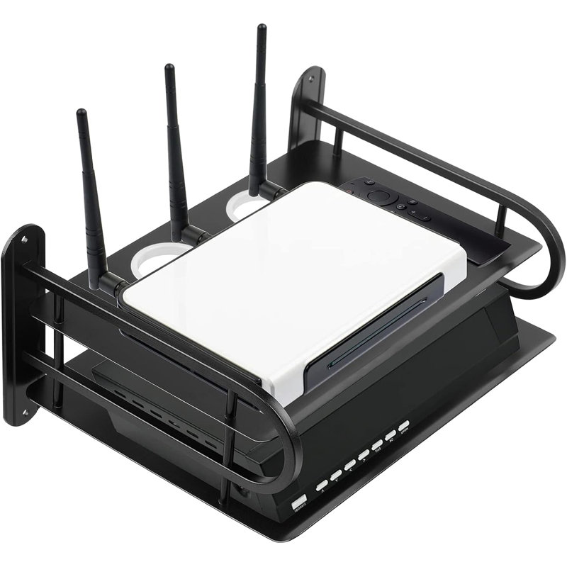 Black Metal Double Wireless Wifi Router Storage Box,TV Set Box Shelf Wall Hanging Plug Board Bracket Cable Storage Organizer ,Large